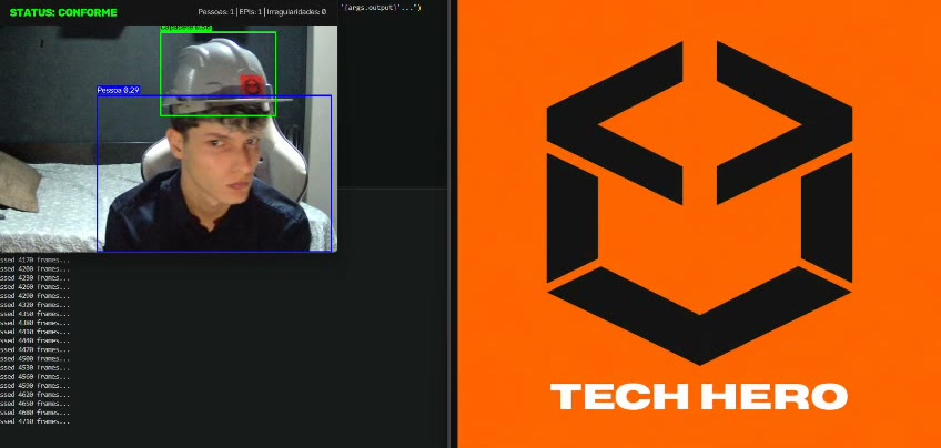 Detector de EPI da TechHero identificando capacete de segurança em tempo real, com status conforme e contagem de pessoas, EPIs e irregularidades