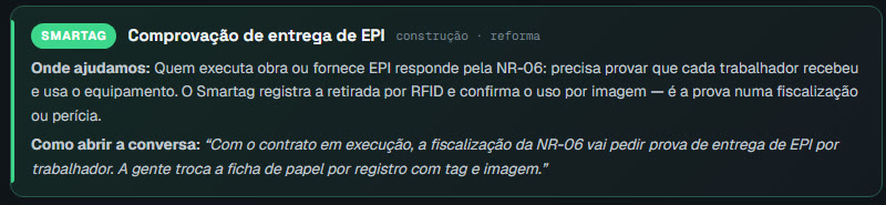 Bloco 'onde ajudamos' mostrando o produto Smartag para comprovação de entrega de EPI e a frase para abrir a conversa