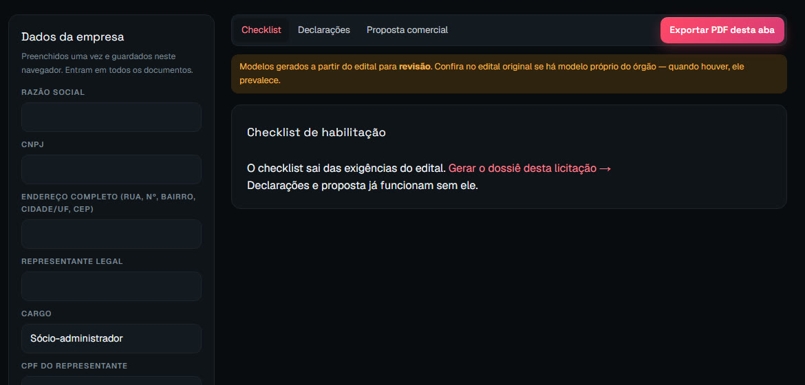 Kit de participação com dados da empresa, checklist, declarações e proposta comercial