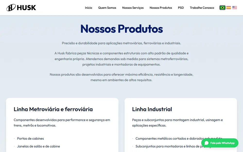 Site institucional da Husk, página de produtos: linha metroviária e ferroviária e linha industrial