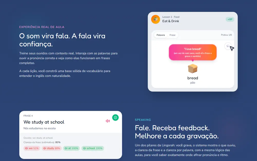 Lingorah: lição com a palavra bread e feedback de pronúncia palavra por palavra