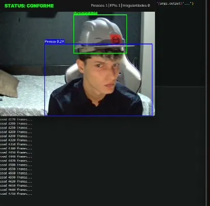 Detector de EPI do Smartag marcando o capacete e a pessoa, com status conforme